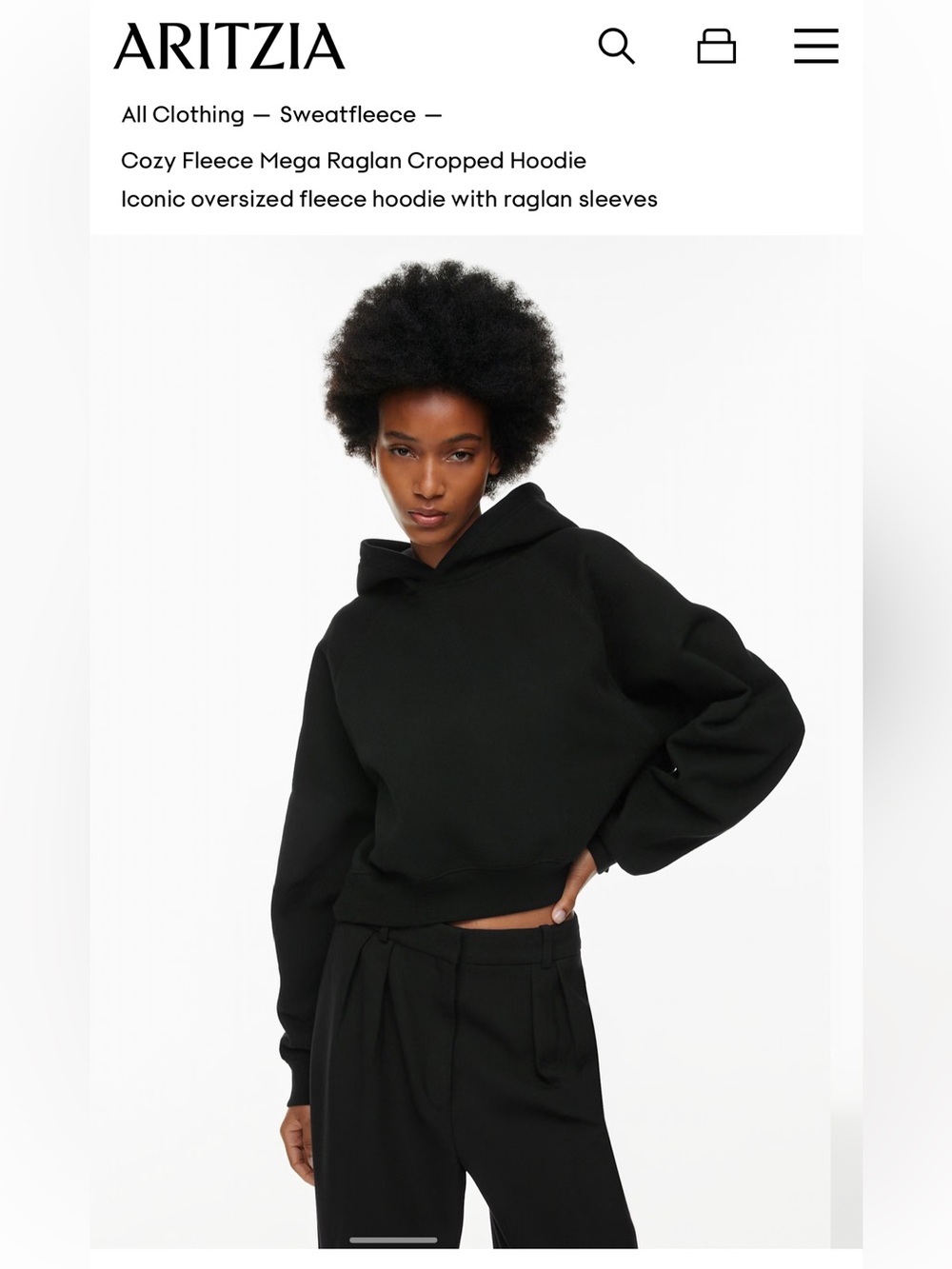 Aritzia Black Oversized Cropped Fleece Hoodie